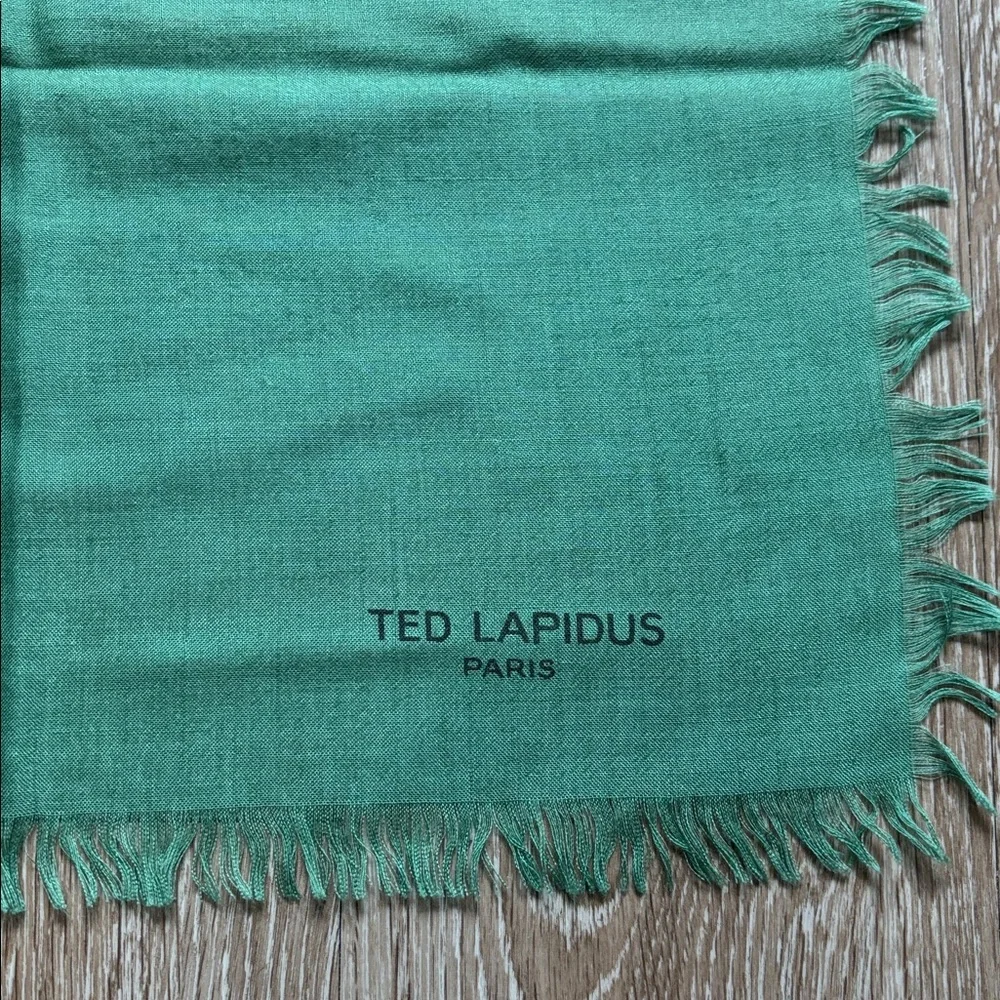 Ted Lapidus Paris green scarf with fringe, 34” square